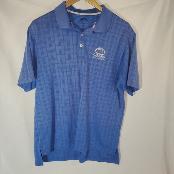 Adidas ClimaCool Polo Shirt Men’s M Blue Plaid Caledonia Golf & Fish Club Logo - Picture 1 of 8